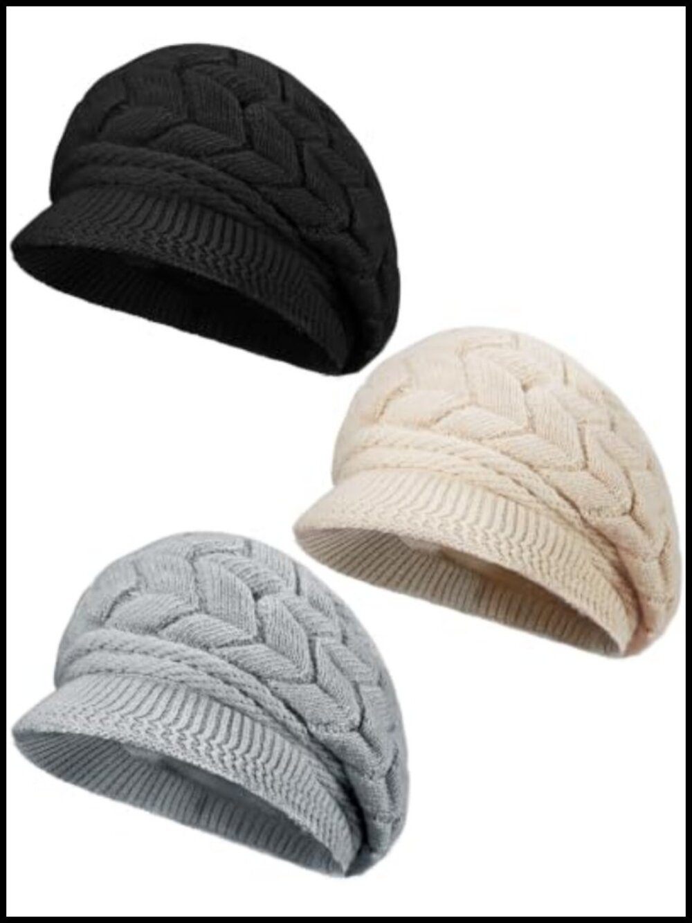 Womens Knit Beanie Hats with Visor Rabbit Hair Blend Winter Warm Caps Set of 3